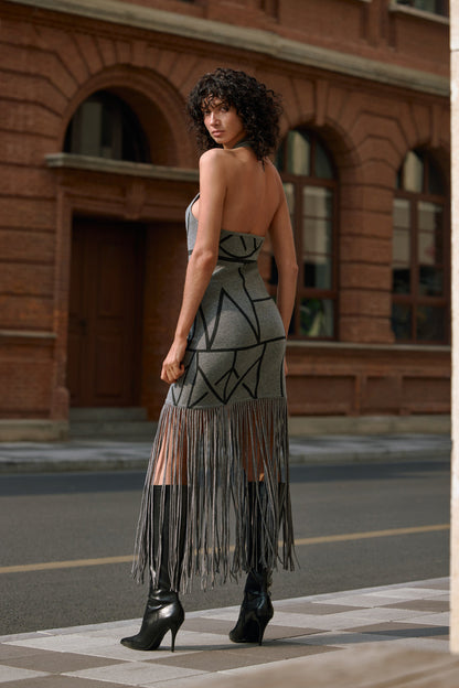 Geometric fringed wool dress