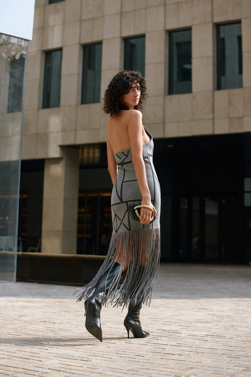 Geometric fringed wool dress