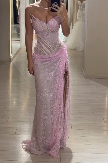 Glam Pink Sheath Long Prom Dresses Lace Sweetheart Evening Dresses with Slits Sleeveless Formal Dresses