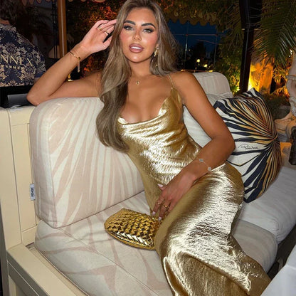 Gold Satin Spaghetti Strap Party Dress Gold / S PartyDress-241208