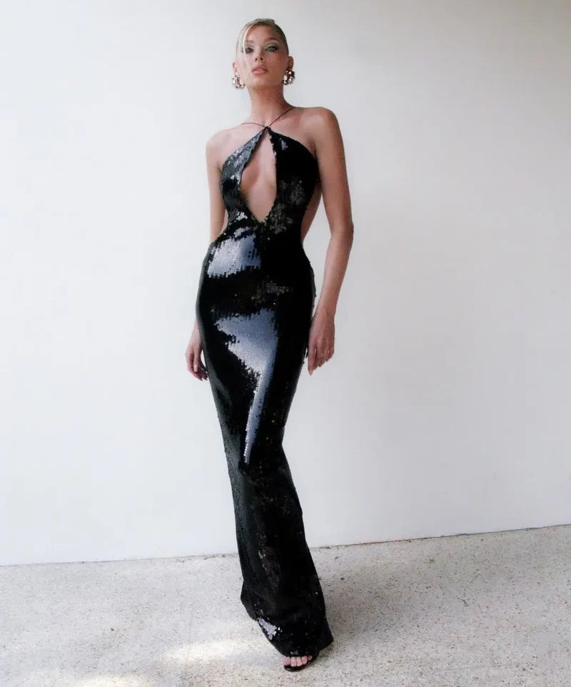 Gold Sequin Backless Long Party Dress Black / Xs Partydress-241208