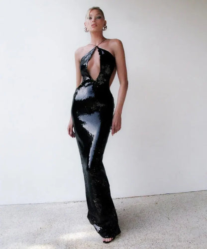 Gold Sequin Backless Long Party Dress Black / Xs Partydress-241208