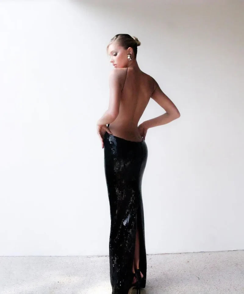 Gold Sequin Backless Long Party Dress Partydress-241208