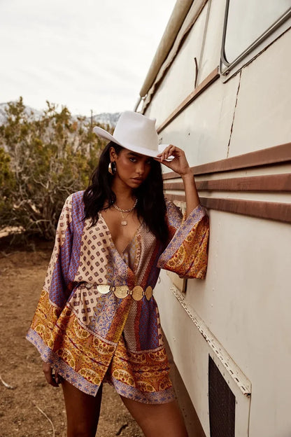 Product view of the Gold Standard Multicolored Kimono Dress showcasing versatility and wearability.