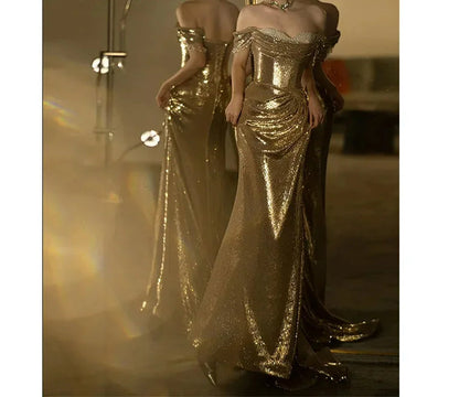 Golden Backless Sequined Party Dress Partydress-241208