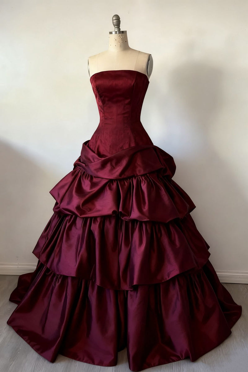 Gorgeous A-Line Burgundy Prom Dress Satin Strapless Long Evening Dress Sleeveless Birthday Dress