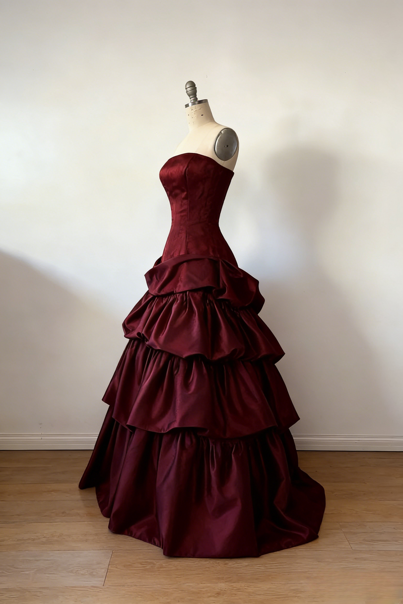 Gorgeous A-Line Burgundy Prom Dress Satin Strapless Long Evening Dress Sleeveless Birthday Dress