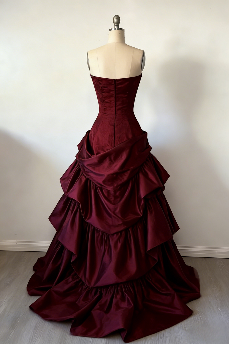 Gorgeous A-Line Burgundy Prom Dress Satin Strapless Long Evening Dress Sleeveless Birthday Dress