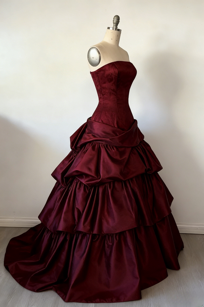Gorgeous A-Line Burgundy Prom Dress Satin Strapless Long Evening Dress Sleeveless Birthday Dress