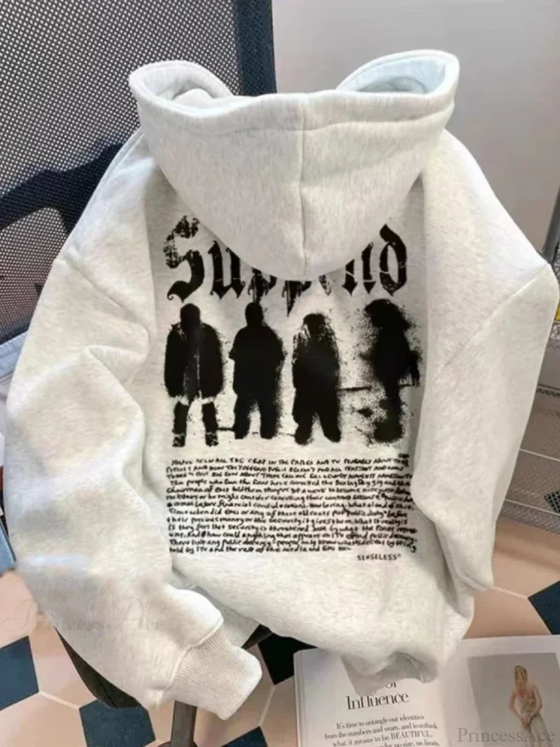 Goth Letter Graphic Loose Fleece Hoodie GRAY / M(40-50KG)
