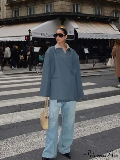 Gray Lapel Buttoned Elegant Loose Long Sleeves New Fashionable Stylish Coat Coats-L