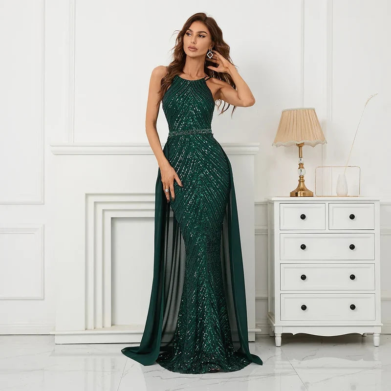 Green Off Shoulder Tassel Sequin Evening Dress Sexy Cross Back Christmas Party / 2 Dresses-L