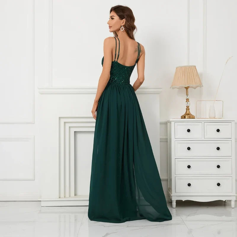 Green Off Shoulder Tassel Sequin Evening Dress Sexy Cross Back Christmas Party Dresses-L