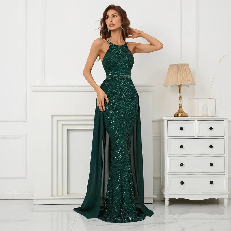 Green Off Shoulder Tassel Sequin Evening Dress Sexy Cross Back Christmas Party Dresses-L