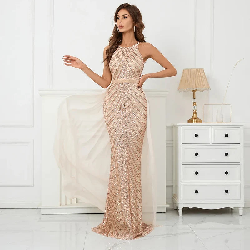Green Off Shoulder Tassel Sequin Evening Dress Sexy Cross Back Christmas Party Gold / 2 Dresses-L