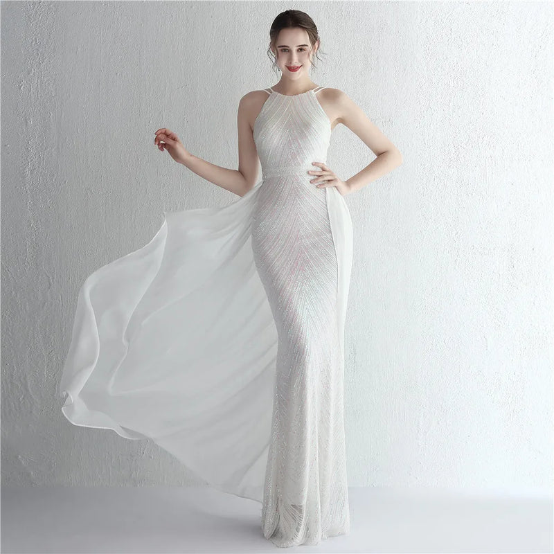 Green Off Shoulder Tassel Sequin Evening Dress Sexy Cross Back Christmas Party White / 2 Dresses-L