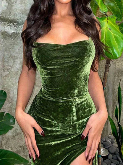 Green Velvet Lace-Up Maxi Dress - Backless Bodycon Christmas Party Dresses-L