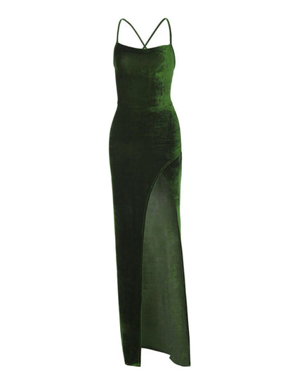 Green Velvet Lace-Up Maxi Dress - Backless Bodycon Christmas Party Dresses-L