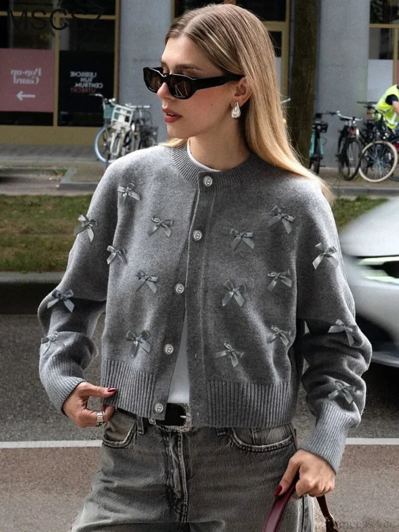 Grey Bow O-Neck Cardigan Gray / One Size Cardigan-241208
