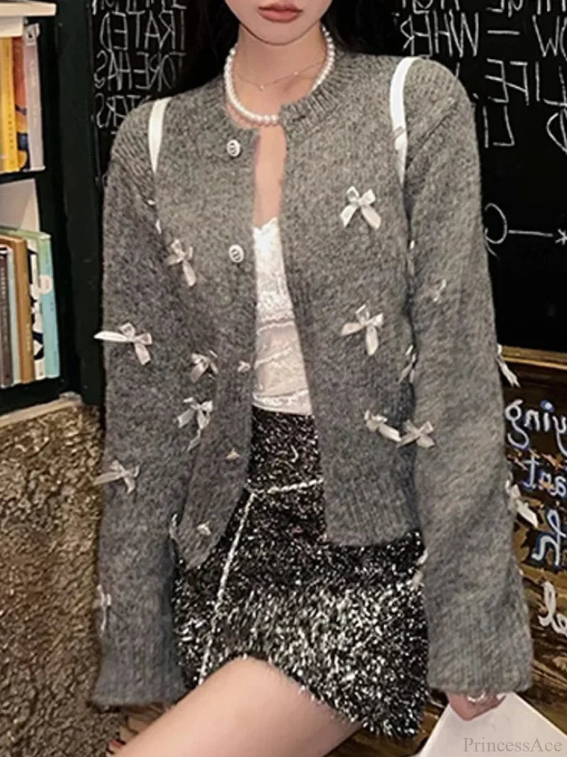 Grey Bow O-Neck Cardigan Cardigan-241208