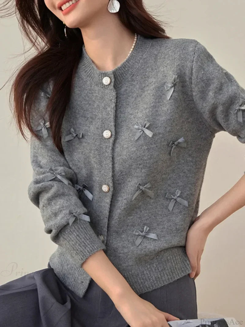 Grey Bow O-Neck Cardigan Cardigan-241208