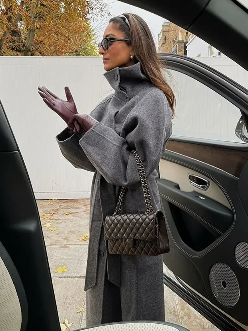 Grey High Collar Long Woolen Coat