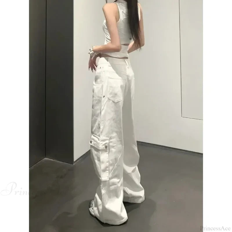 Gyaru White Cargo Jeans Wide Leg Pants