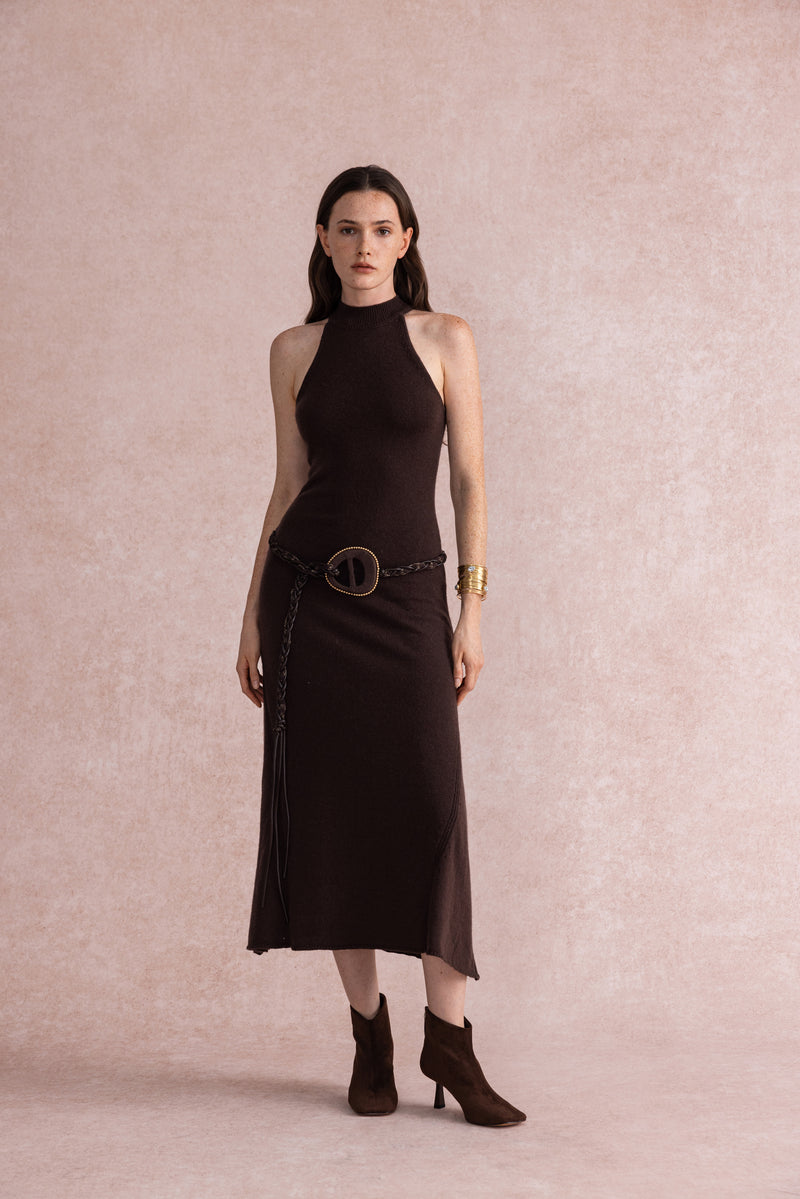 Halterneck fit and flare knit dress