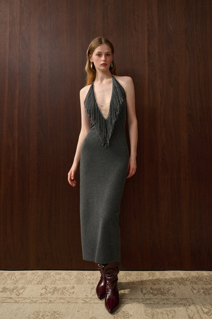 Halterneck fringed dress
