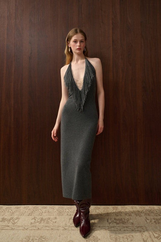 Halterneck fringed dress