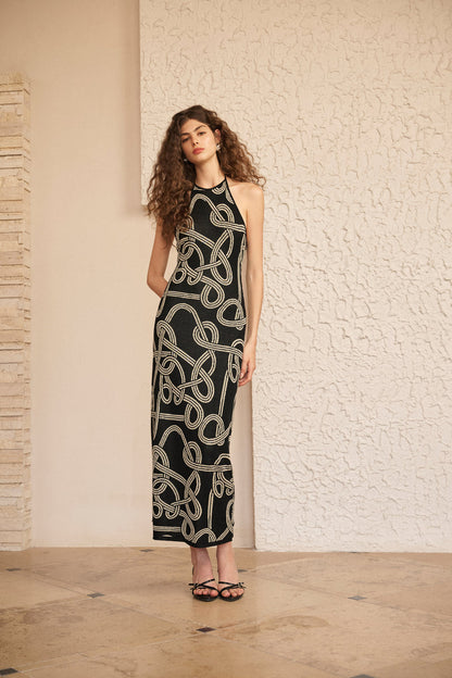 Halterneck jacquard maxi dress