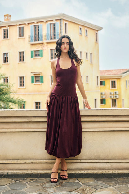 Halterneck pleated bubble hem dress