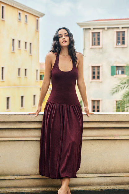 Halterneck pleated bubble hem dress