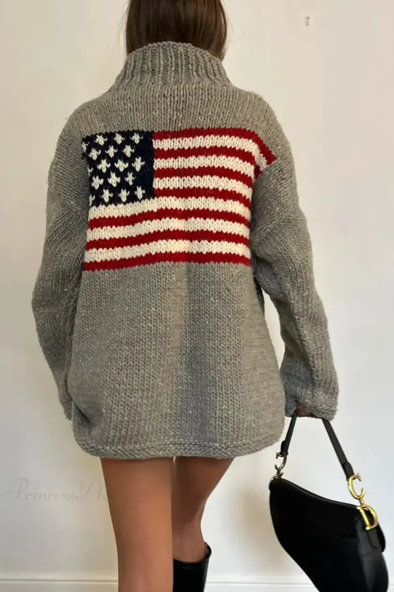 Harajuku Retro US Flag High Neck Sweater