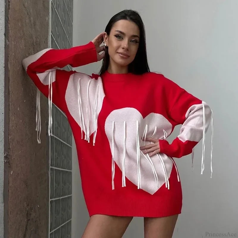Heart Print O-neck Long Sleeve Sweater