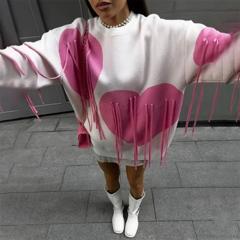 Heart Print O-neck Long Sleeve Sweater