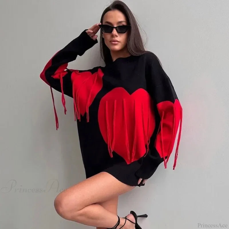 Heart Print O-neck Long Sleeve Sweater Black / S