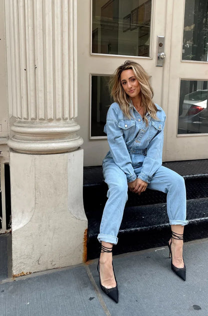 Hendrix Denim Jumpsuit styled in a complete look from an alternate angle.