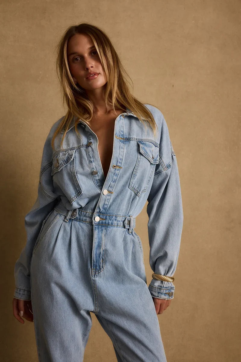 Additional view of the Hendrix Denim Jumpsuit from a different perspective.