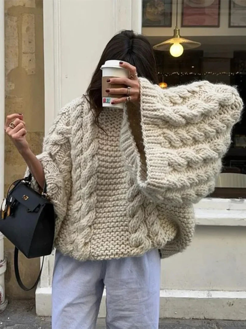 High Neck Wide Long Sleeve Loose Sweater White / S