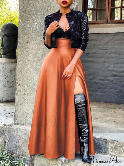 High Waist Seamed Trim Modern Vegan Mini Skirt - Green Brown / M Long Skirts