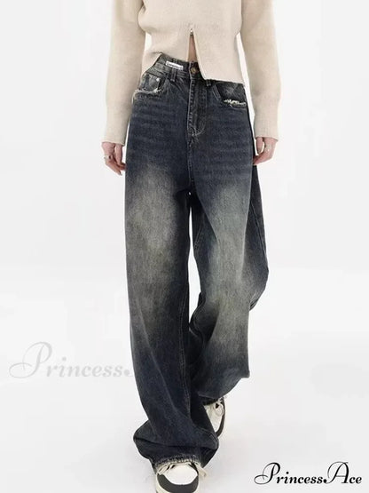 High Waisted Wide Leg Slim Ruffled Street Mop Jean Retro Blue / S