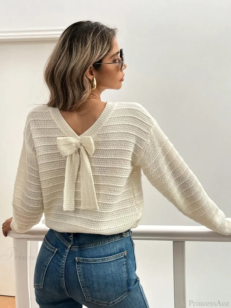 Hollow Bow Striped Long Sleeve Sweater White / S