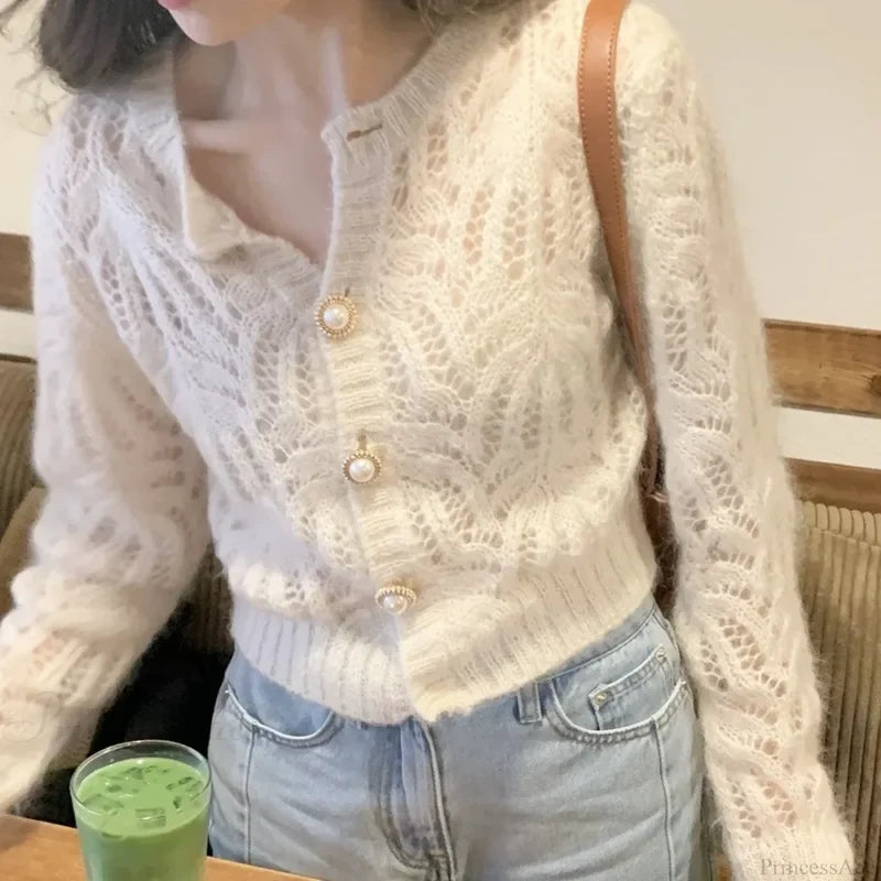 Hollow Out Elegant Vintage Long Sleeve Cardigan Ivory / One Size cardiagn-250126