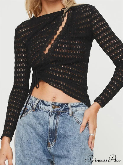 Hollow Out Irregular Hem Retro Ruched T-Shirts Black / S
