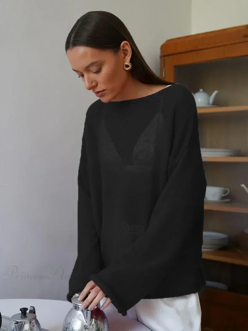 Hollow See-through O-neck Long Sleeve Sweater Black / S