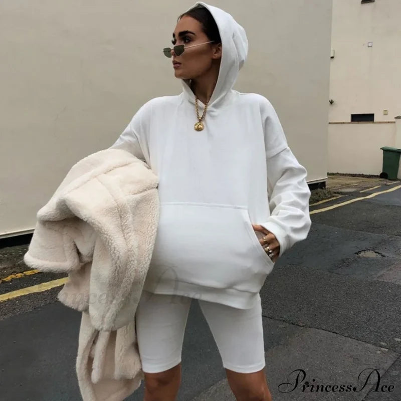 Hooded Sweatshirt Biker Short Modern Matching Set - Army Green M / White Sets