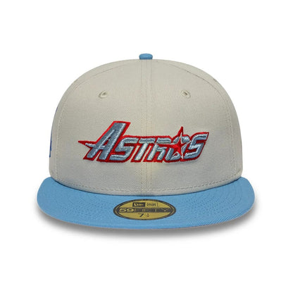 Pictured is this MLB Cooperstown Houston Astros 59FIFTY Fitted cap in beige & blue. 3