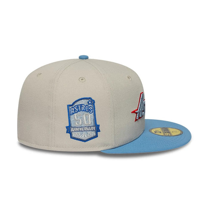 Pictured is this MLB Cooperstown Houston Astros 59FIFTY Fitted cap in beige & blue. 6