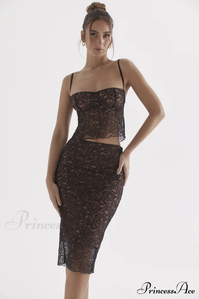 Jacinta Lace Camisole Top Graceful + Midi Skirt Set S / Black